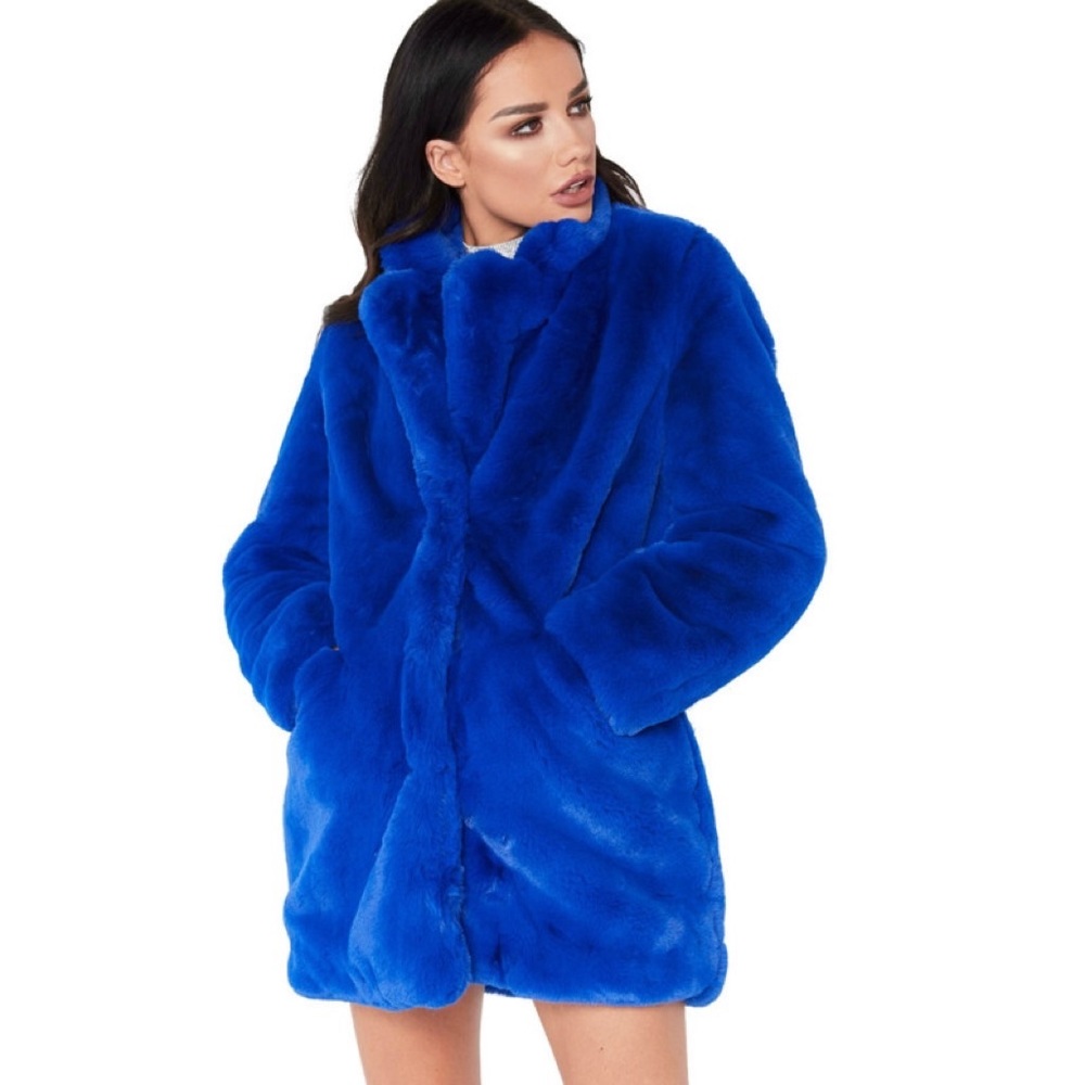 Faux Fur Notched Lapel Cardigan Coat w Pockets - Picture 2 of 7